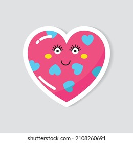 El corazón rosado de la pegatina del vector con una cara linda. Símbolo de amor y Día de San Valentín.