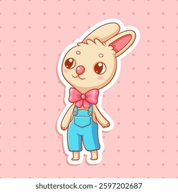 Vector sticker with rabbit with bow. Easter cartoon character. Cute bunny.