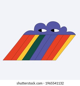 vector sticker rainbow with clouds and eyes.Multi colored rain.Funky and psychedelic style.Hippie character for patterns and design.Rainbow template for tattoo. Childish hand drawn style