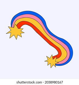 vector sticker rainbow with stars. Funky and psychedelic style. Hippie element for pattern and design. Multi-colored isolated shapes and stripes. Rainbow template for tattoo. Childish hand drawn styl