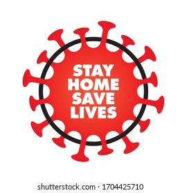 Vector sticker. Red circle coronavirus symbol of curfew. Text: Stay home save lives. Stop coronavirus spread. Isolated on white background.