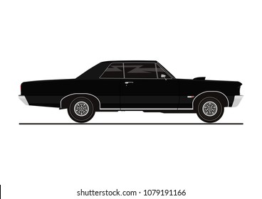 Vector sticker of retro coupe car. Side view. Flat vector.