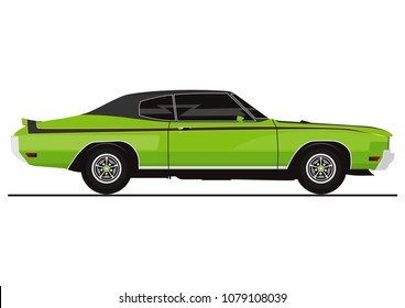 Vector sticker of retro muscle car. Side view. Flat vector.