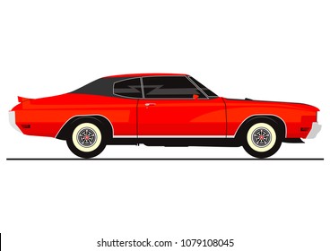 Vector sticker of retro muscle car. Side view. Flat vector.