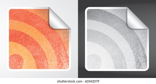 Vector sticker with RSS feed theme. Grunge effect on sticker. Fully editable, grunge effect made with opacity mask.