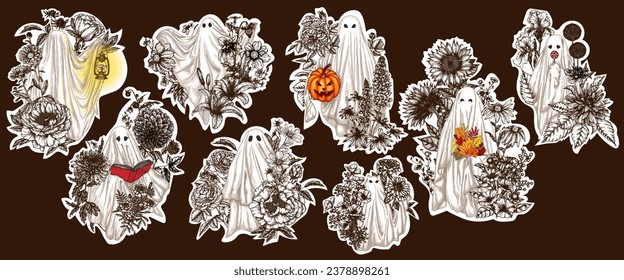 Vector sticker set of 8 different ghosts in flowers. Ghost with a book, with a lamp, with a bouquet, with a candy, with halloween pumpkin, ghost cat