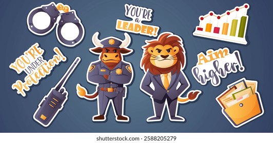 A vector sticker set about police, business, and motivation. Suitable for content on leadership, law enforcement, and success.  
