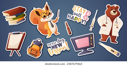 A vector sticker set about school and medicine. Suitable for educational materials, healthcare, and motivational design.  
