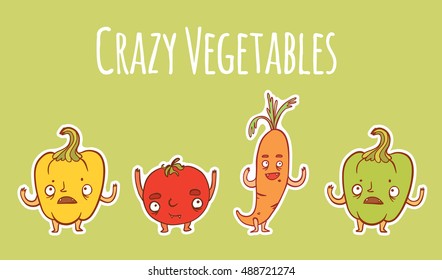 vector sticker set with crazy emotion vegetables on green background