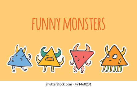 vector sticker set with crazy emotion monsters on yellow background