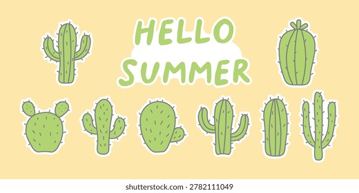 Vector sticker set with cute cacti and Hello Summer text. Bright tropical collection perfect for seasonal designs, social media, invitations and summer themed graphics.