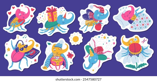 Vector sticker set with cute horned rhinoceros beetles in a New Year's hat, with a gift, lover with hearts, DJ, sleep. Charming characters on a blue background