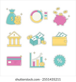 Vector sticker set of financial icons in modern flat style. Includes money bags, coins, piggy bank, graphs, and credit cards. Ideal for banking, marketing, or budget-related designs