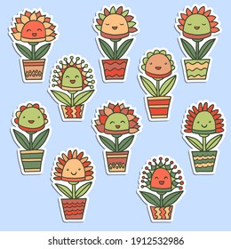 Vector sticker set with funny cute indoor potted flowers, for design and decoration