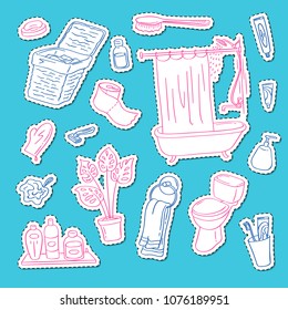 Vector sticker set with hand drawn doodle bathroom elements isolated on plane background