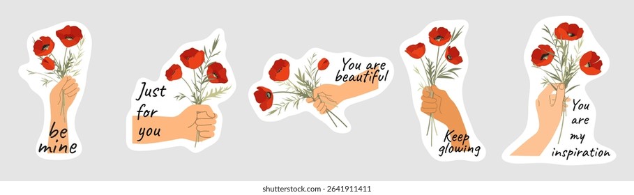 Vector sticker set with hands holding red poppy flowers and romantic quotes. Perfect for cards, gifts, packaging, scrapbooking, or decoration in a minimalist floral style. Online Dating Content.