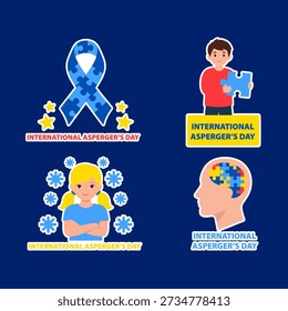 Vector sticker set for International Asperger Day featuring puzzle ribbon character and brain symbol