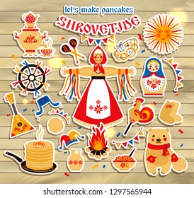 Vector sticker set on the theme of the Russian holiday Carnival. Russian translation Shrovetide or Maslenitsa.