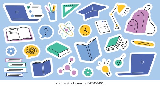 Vector sticker set with school and education icons. Doodle illustrations of books, pencils, rulers, backpacks for decorating planners, notebooks, journals, and study materials. Flat cartoon style