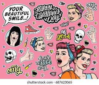 Vector sticker set. Smiling blonde girl, hand lettering quote "Oh Yeah", " omg", "your beautiful smile", "have nice day", skull, lipstick. Fashion patch badges in trendy style. 