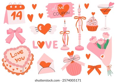 Vector sticker set for St. Valentine’s Day. Cartoon illustration of different romantic objects bow, love potion, candles,heart, flowers, cake, 14 February design concept.