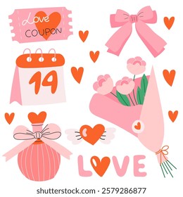 Vector sticker set for St. Valentine’s Day. Cartoon illustration of different romantic objects bow, love potion, candles,heart, cake, 14 February design concept.