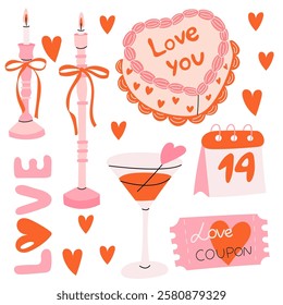 Vector sticker set for St. Valentine’s Day. Cartoon illustration of different romantic objects bow, candles,heart, cake, 14 February design concept.