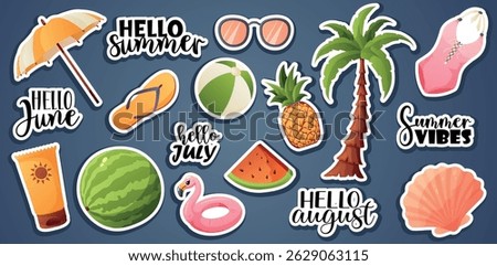Vector sticker set with summer fruits, accessories, and text. Great for journals, stories, websites, packaging, and creative projects.
