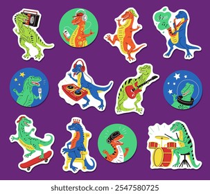 Vector sticker set with tyrannosaurs enjoying music, skateboarding, playing drums. The cute design depicts funny dinosaurs isolated on a purple background.