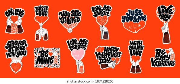 Vector sticker set for valentines day. Romantic collection for social media, print, t-shirt, card, poster, gift, landing page, web design elements. Hand-drawn lettering typography. Doodle illustration