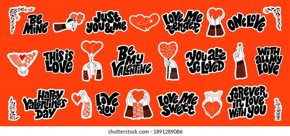 Vector sticker set for valentines day. Romantic collection for social media, print, t-shirt, card, poster, gift, landing page, web design elements. Hand-drawn lettering typography. Doodle illustration