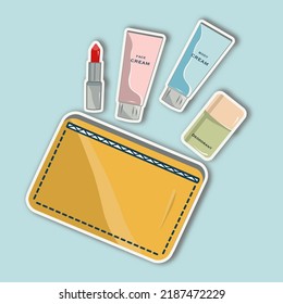 Vector sticker set yellow cosmetic bag with travel cosmetics. Red lipstick, deodorant, body and face cream with blue background
