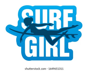 Vector sticker silhouette of a surfer girl and text Surf girl. Isolated on white background.