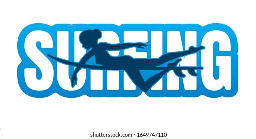 Vector sticker silhouette of a surfer girl and text Surfing. Isolated on white background.