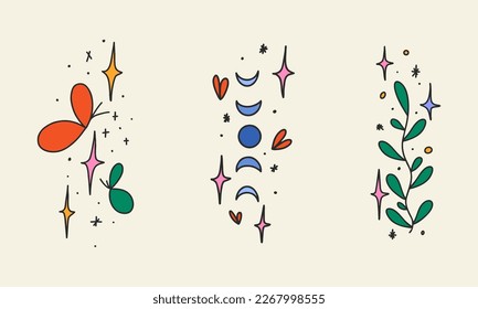 Etiqueta vectorial, boceto para tatuajes. Tatuaje de contorno. Tracería brillante, luna, plantas y mariposas, dibujo a mano. Ilustración vectorial.