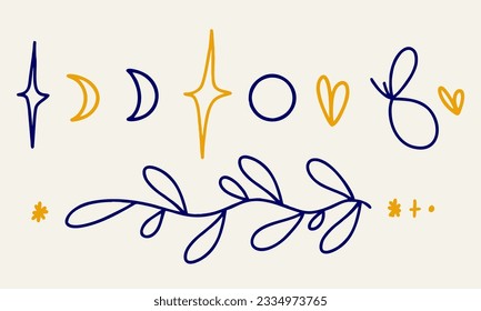 Vector sticker, sketch for a tattoo. Outline tattoo. Pattern, moon, plants and butterflies, hand drawn sketch. Vector illustration.