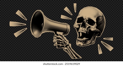 Vector sticker skull and loudspeaker isolated on transparent background. Trendy elements with a halftone effect for collage, poster, banner, cover design in y2k style.