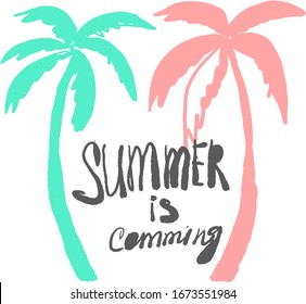 Vector sticker or / and stamp with green and pink silhouette of palm trees and the inscription "Summer is coming"