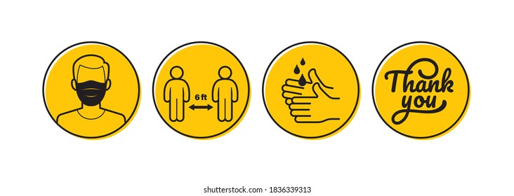 Vector sticker to the store. Thanks for following the prevention against Covid-19. Circular icons depicting coronavirus prevention.