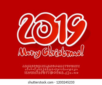 Vector sticker style traditional Merry Christmas 2019 Greeting Card for Kids. Red children set of Alphabet Letters, Numbers, Symbols.