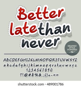 Vector sticker styled card with set of letters, symbols and numbers