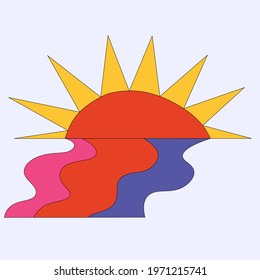 vector sticker sun with rainbow water - hippie style 60s and 70s. Groovy weather character. Funky star. Isolated shapes hand drawn.rays at sunset