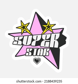 Vector sticker Super star text inspired by popular Y2k Aesthetic, 90s, 2000s. Posters Template, flyers, Logo Badge, clothes, social media, graphic design, Futuristic, Retro Futurist