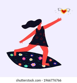 vector sticker surfing woman with flowers. Summer of love. Beach vacation. Various bodies and figures - feminism. Strive for love. Hippy vibe. Surfing 60s and 70s. Childish quirky hand drawn style.