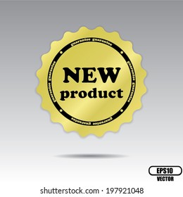 Vector: Sticker, Tag, Label or Badge For Product Present By Golden New Product Sign Inside Isolated on Silver Background. 