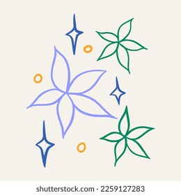 Vector sticker, tattoo. The tattoo is drawn with a thin line. Bright tracery, stars and handmade flowers. Vector illustration.