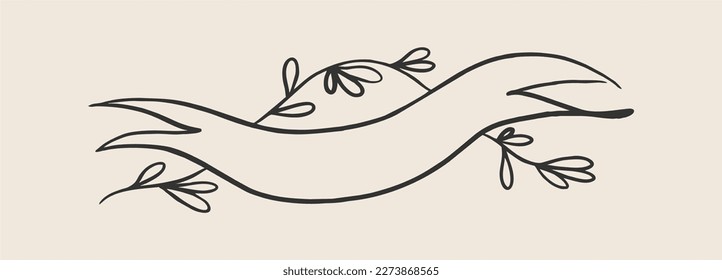 Vector sticker, tattoo. The tattoo is drawn with a thin line. Black tracery, banner with flowers, signboard. Vector illustration.