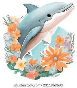 plantilla de pegatinas vectoriales del ilustrador de dibujos animados de delfines