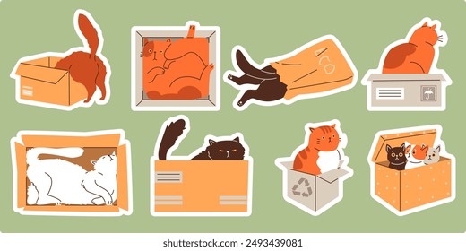 Vector sticker that depicts fluffy kittens and cats relaxing and frolicking in boxes and packages for creating graphics for cat lovers, and a funny atmosphere.