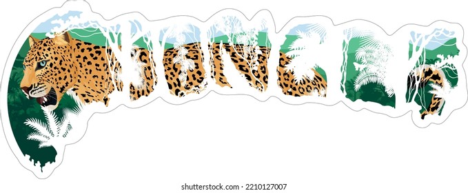 Vector sticker - tropical rainforest Jungle with jaguar